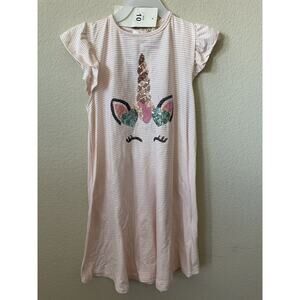 Pink Striped Unicorn Sequin Hearts Ruffle Cap Sleeve T Shirt Swing Dress Size 10